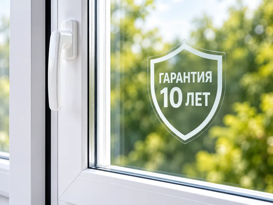 Знак гарантии 10 лет на стекле окна