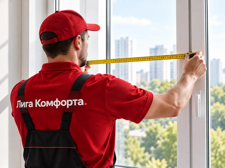 Замерщик Лиги Комфорта измеряет оконный проём